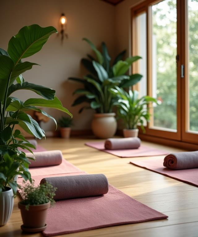 Taobh istigh teolaí agus fáilteach de stiúideo Anam Súile Yoga le mataí agus plandaí.