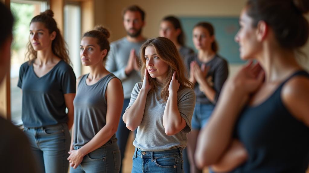 Grúpa mac léinn oiliúna múinteoirí yoga ag éisteacht go haireach leis an teagascóir.